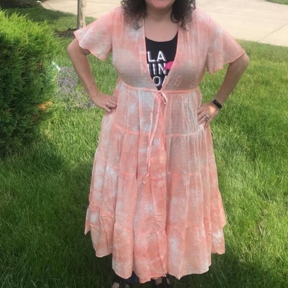 Torrid size 00 M/L PEACH TIE-DYE CLIP-DOT KIMONO - Picture 8 of 12